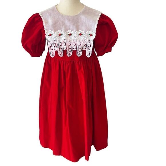 Vintage Girls Red Velvet + White Lace Embroidered Dress - Picture 1 of 6